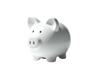 A gleaming white ceramic piggy bank, simple form, on a stark black background