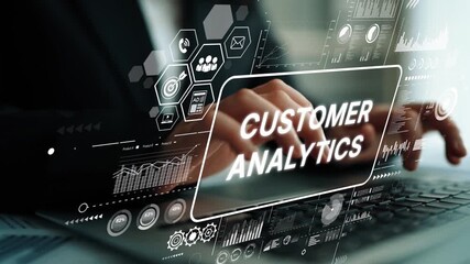 Male professional analyzing customer data with analytics graphs and digital interface in modern business environment. Asymptotic smart data analytic. - Powered by Adobe