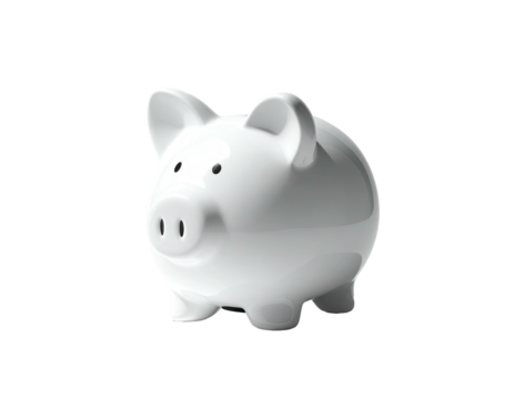 A gleaming white ceramic piggy bank, simple form, on a stark black background