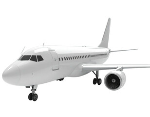 Obraz premium A white commercial jet airplane with its landing gear down against a black background