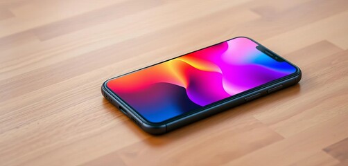 Sleek black smartphone lying flat on wooden table,  mockup,   ui