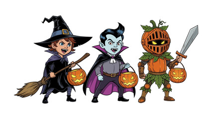 Halloween Trio in Costume: A playful trio of children dressed as a witch, a vampire, and a pumpkin knight pose with their trick-or-treat buckets and accessories.