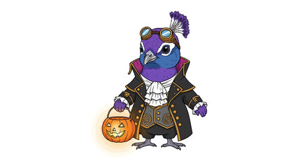 Whimsical Halloween Pigeon: A charming illustration of a pigeon dressed in a vintage costume, celebrating the spirit of Halloween with a jack-o'-lantern.