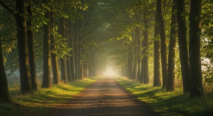 Obraz premium Lush pathway through a dense forest with tall trees and sunlight illuminating the way forward natural environment