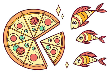 Whole pizza with one slice removed and three fish