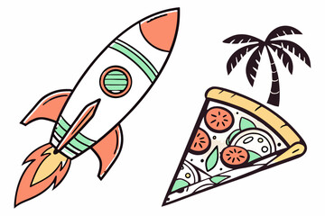 Rocket ship and pizza slice with palm tree