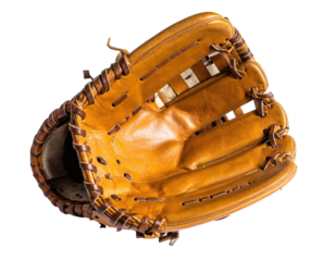 Classic worn leather baseball glove, fingers spread, ready to catch