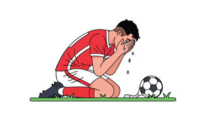 Devastated soccer player kneels in despair after match loss, tears streaming down his face at pitch level, a symbol of defeat and emotional