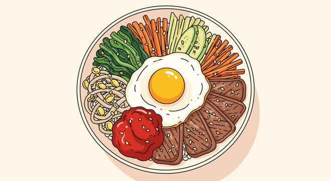 A vibrant, top-down illustration of a traditional Korean bibimbap dish with a fried egg, various vegetables, meat, and gochujang in a white bowl.
