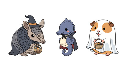 Halloween Costume Parade: An adorable parade of Halloween-themed characters: an Armadillo dressed as a witch, a seahorse as a vampire, and a guinea pig as a ghost.