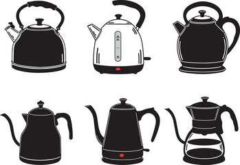 Kettle vector set, electric kettle, stovetop kettle, gooseneck pour-over, glass coffee pot, kitchen appliance, black silhouette, brewing tool, decor