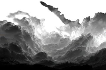 Monochrome Abstract Fractal Mountain Range Formation against Black Background Detailed Texture Light and Shadow Play Intricate Design Atmospheric Visuals Evokes Majesty and Depth