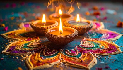 Colorful rangoli with symmetrical floral patterns and clay diyas on festive floor.