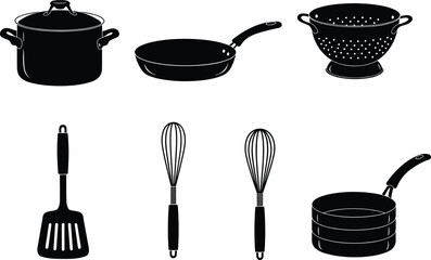 Kitchen utensil silhouettes, cookware vector set, frying pan, whisk, colander, spatula, saucepan, cooking pot, black icons, food prep tools