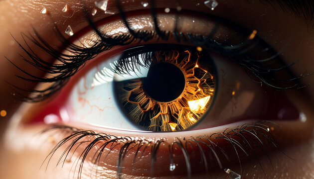 Captivating Eye Close-Up: Golden Iris with Geometric Patterns and Crystalline Accents