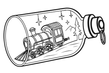 Steam train inside a bottle with mountains and stars