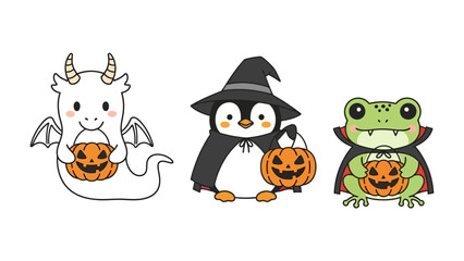 Halloween Creatures: A trio of adorable cartoon creatures dressed in festive costumes for the holiday. A whimsical dragon, a cute penguin witch.