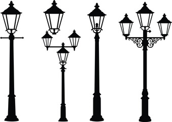 Vintage street lamp silhouettes, urban lighting design, antique lanterns, architectural elements, black vector illustration, historical decor, cityscape accessories, retro style