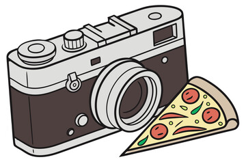 Vintage camera and a slice of pizza