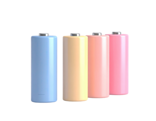 Four pastel-colored cylindrical batteries stand upright against a stark black background