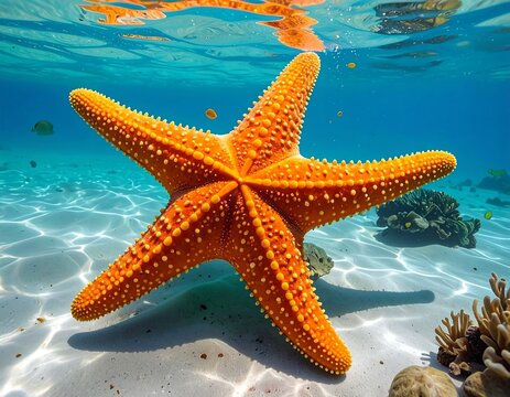 Vibrant orange starfish on sandy seabed