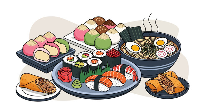 An inviting spread of various Japanese and Asian dishes including sushi, ramen, mochi, and spring rolls, presented on a light background.