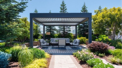 Obraz premium Stylish outdoor pergola with comfortable seating