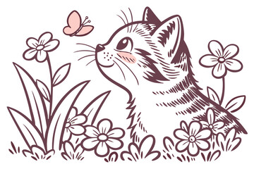 Cute kitten looking at a butterfly in a garden