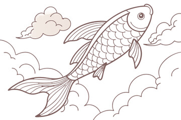Koi fish swimming through clouds, traditional japanese art style