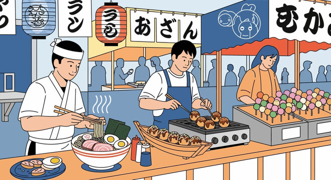 Illustration of a vibrant Japanese street food market with vendors preparing ramen, takoyaki, and dango for customers.