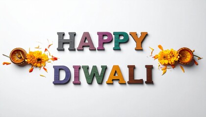 “HAPPY DIWALI” in multicolor text with oil lamps and marigold flowers on white background.