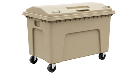 Beige commercial trash dumpster on wheels isolated on white background, perfect for waste management and recycling services