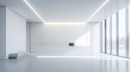 Fototapeta premium Modern white office reception, sunlight, windows, minimalist design, corporate