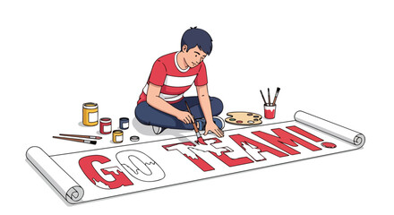 Young artist diligently crafts a spirited handmade banner with vibrant paints and artistic focus creating motivational message