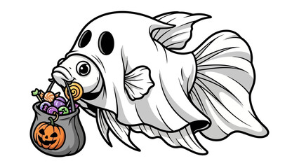 Halloween Betta Fish: A whimsically illustrated betta fish, donned in a ghostly sheet costume, triumphantly holds a candy-filled pumpkin bag, embodying the playful spirit of Halloween. 