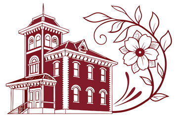 Vintage building with tower and decorative floral element