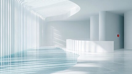 Obraz premium Modern white lobby, curved walls, water reflection, sunlight. Use Architecture, design