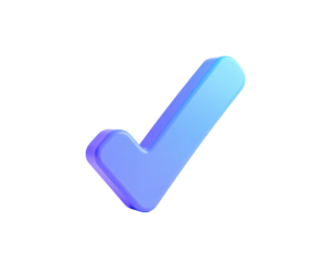 A 3D rendered checkmark in a gradient of blue and purple, floating against black