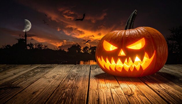 Glowing jack-o'-lantern on wooden surface with spooky castle, full moon, and bats in Halloween night scene. - Powered by Adobe