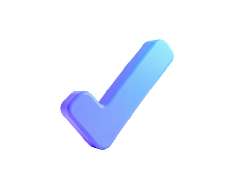 A 3D rendered checkmark in a gradient of blue and purple, floating against black