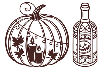 Pumpkin with candles and bottle with jackolantern