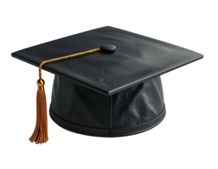 A shiny black square academic cap with a golden tassel, isolated on black