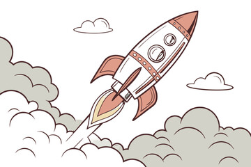 Rocket ship blasting off through clouds