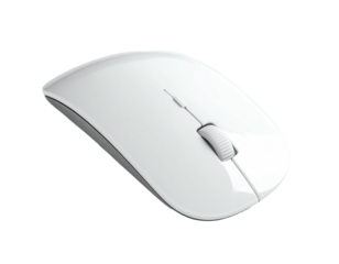 Angled view of a wireless computer mouse with a white top and gray accents