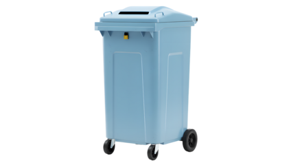 Blue wheeled garbage bin isolated on white background, perfect for waste management and recycling