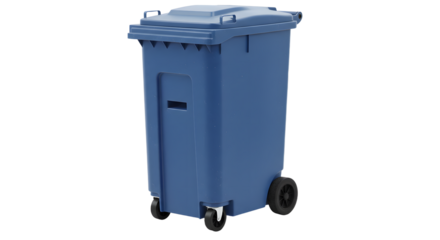 Blue wheeled trash bin isolated on white background, garbage container for waste disposal and recycling, perfect for cleaning services and environmental management