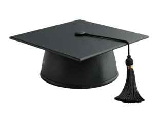 Simple illustration of a classic black graduation cap, tassel, and mortarboard