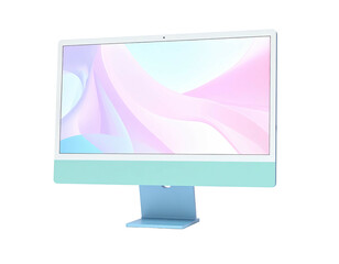 Colorful all-in-one computer, pastel tones, vibrant screen against a black background
