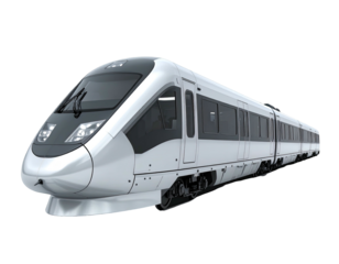 Sleek, modern high-speed train in white and gray against a black background