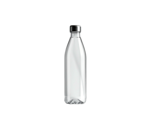 Tall, clear glass bottle with silver cap, isolated against a black background